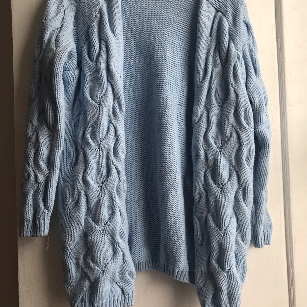 Blue cable knit cardigan